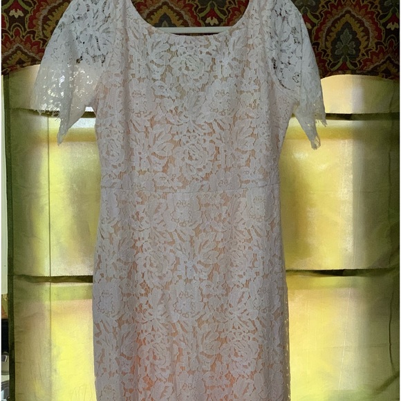 NWOT Just Me size Large White Lace Nude Lining Mermaid Midi Dress Short Sleeves - Picture 2 of 11